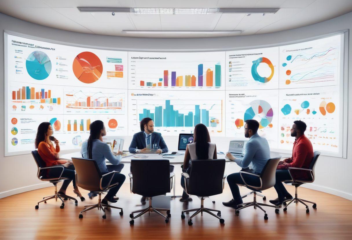 A dynamic digital scene featuring a diverse team brainstorming in a high-tech conference room, with charts, graphs, and financial icons representing profits and monetization strategies floating around them. Include elements like athletic gear and e-commerce symbols to emphasize online sales. Vibrant and modern. super-realistic. vibrant colors. white background.