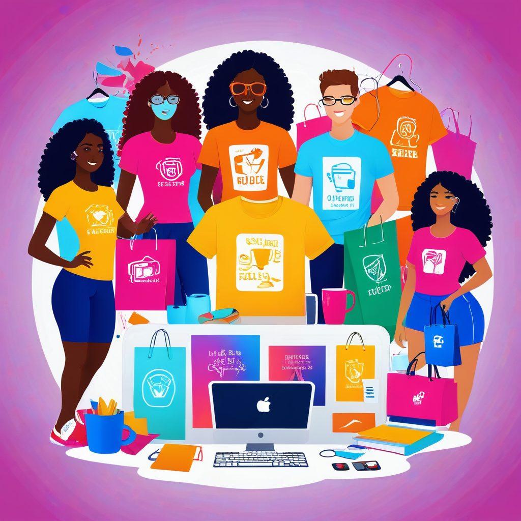 A vibrant digital illustration of a dynamic virtual team collaborating online, surrounded by a variety of trendy merchandise items like t-shirts, mugs, and tote bags. The background features an engaging virtual boutique interface with an emphasis on thriving sales growth. The image exudes a sense of creativity, innovation, and success. vector art. vibrant colors.