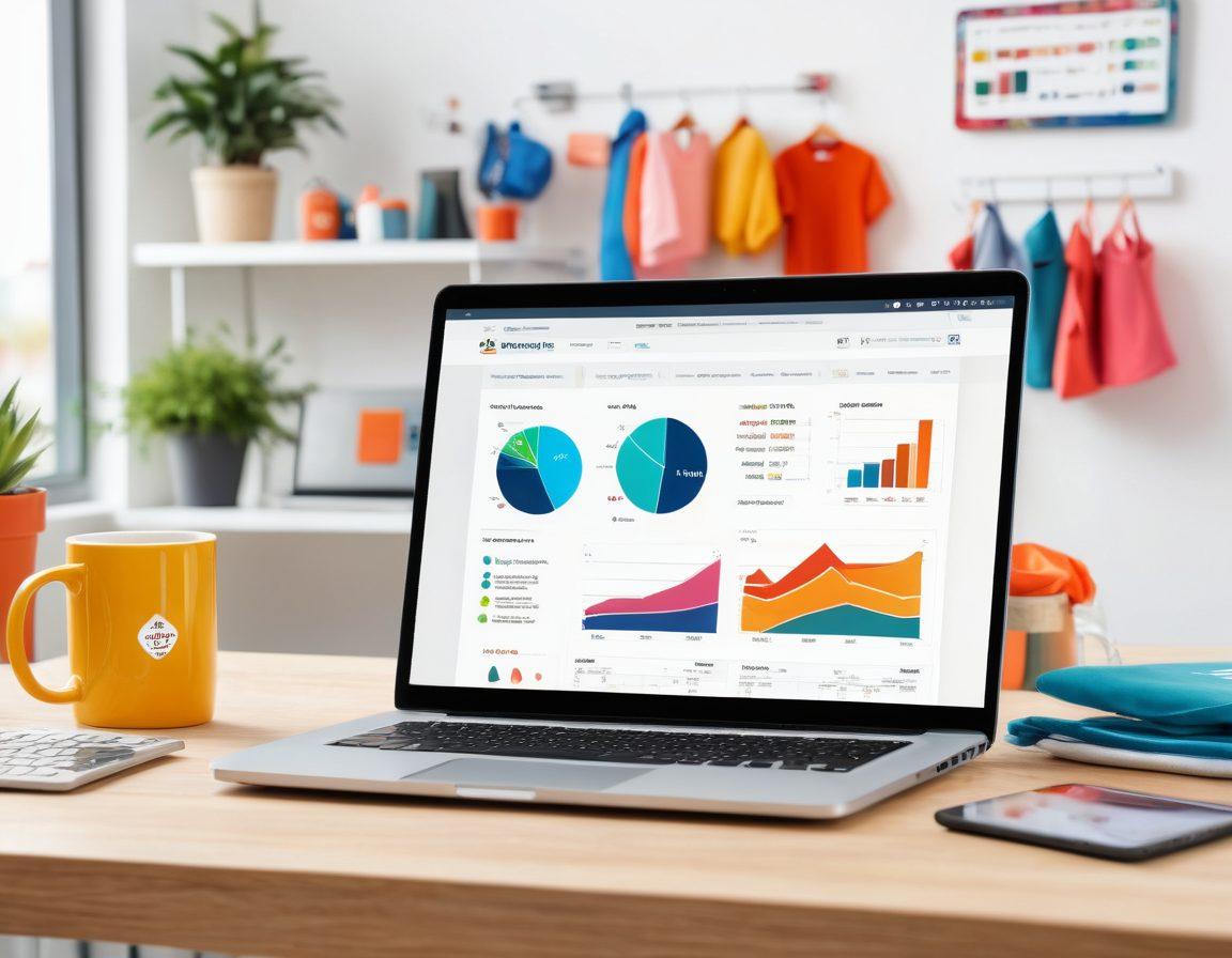 A vibrant and bustling online merchandise store with rows of colorful team apparel, mugs, and accessories. A laptop open to a user-friendly store dashboard, with charts and graphs showing sales trends. Happy team members brainstorm ideas and packages in the background. Money symbols subtly integrated in the design. super-realistic. vibrant colors. white background.